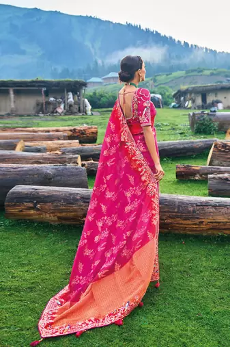 Rani Pink Silk Heavy Embroidery With Stone Work Saree With Blouse