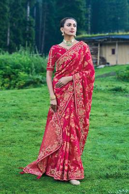 Rani Pink Silk Heavy Embroidery With Stone Work Saree With Blouse 1