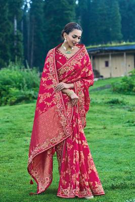 Rani Pink Silk Heavy Embroidery With Stone Work Saree With Blouse 2