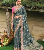 Stone Grey Silk Heavy Embroidery With Stone Work Saree With Blouse