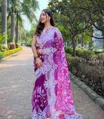 Ruby pink organza heavy embroidery with cut work border saree with blouse