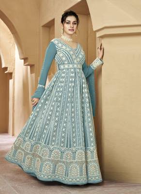 Aqua Blue Georgette Embroidered Anarkali Salwar Kameez 1
