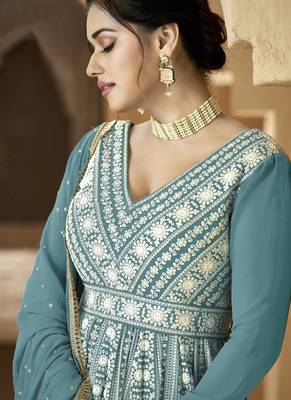 Aqua Blue Georgette Embroidered Anarkali Salwar Kameez 2