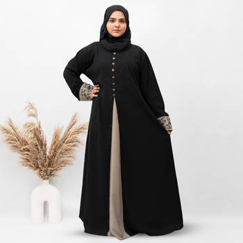 A-line Cuff Embroidery with 10 Button Abaya in Black Color With Hijab 1