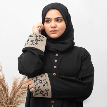 A-line Cuff Embroidery with 10 Button Abaya in Black Color With Hijab 2