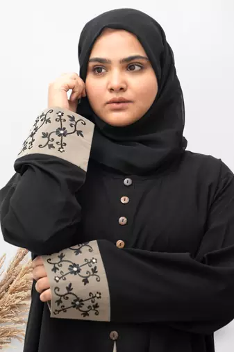 A-line Cuff Embroidery with 10 Button Abaya in Black Color With Hijab