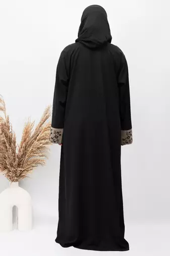 A-line Cuff Embroidery with 10 Button Abaya in Black Color With Hijab