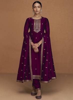 Wine Premium Silk Embroidered Semi Stitched Salwar Suits 1