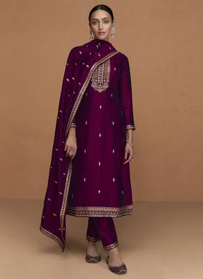 Wine Premium Silk Embroidered Semi Stitched Salwar Suits 2