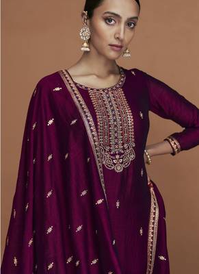 Wine Premium Silk Embroidered Semi Stitched Salwar Suits 3
