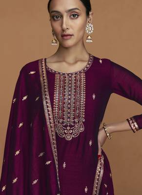 Wine Premium Silk Embroidered Semi Stitched Salwar Suits 4