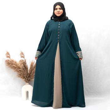 A-line Cuff Embroidery with 10 Button Abaya in Ramagreen Color With Hijab 1