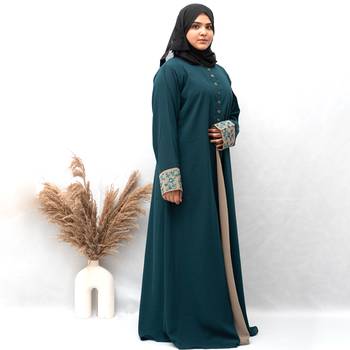 A-line Cuff Embroidery with 10 Button Abaya in Ramagreen Color With Hijab 2
