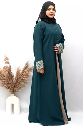 A-line Cuff Embroidery with 10 Button Abaya in Ramagreen Color With Hijab