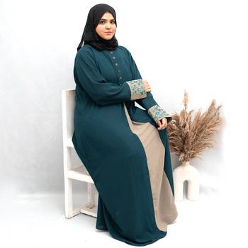 A-line Cuff Embroidery with 10 Button Abaya in Ramagreen Color With Hijab 4