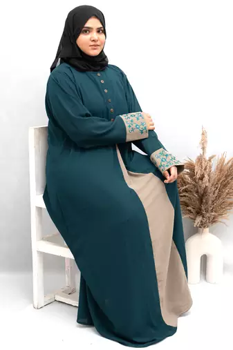 A-line Cuff Embroidery with 10 Button Abaya in Ramagreen Color With Hijab