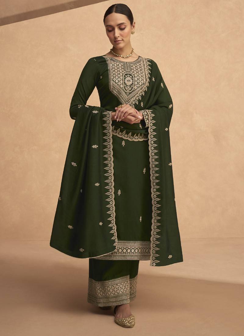 Dark Olive Silk Embroidered Party Wear Salwar Kameez