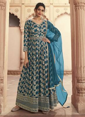 Teal Blue Jacquard Embroidered Anarkali Salwar Kameez 1