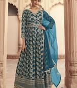 Teal Blue Jacquard Embroidered Anarkali Salwar Kameez