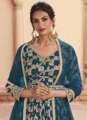 Teal Blue Jacquard Embroidered Anarkali Salwar Kameez 2
