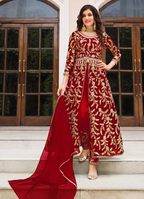 Maroon Butterfly Net Embroidered Anarkali Salwar Kameez 1