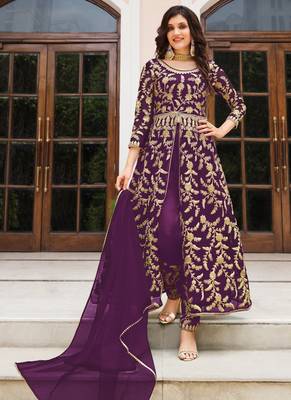 Purple Butterfly Net Embroidered Anarkali Salwar Kameez 1