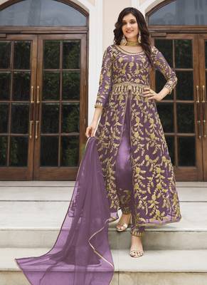 Lavender Butterfly Net Embroidered Anarkali Salwar Kameez 1