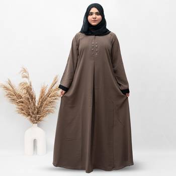 A-line Simple 8 Button Abaya in Dark Brown Color With Hijab 1