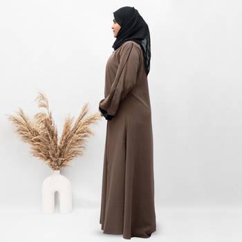 A-line Simple 8 Button Abaya in Dark Brown Color With Hijab 2
