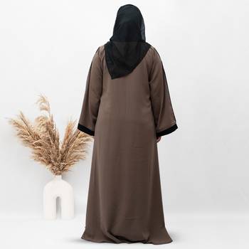 A-line Simple 8 Button Abaya in Dark Brown Color With Hijab 3