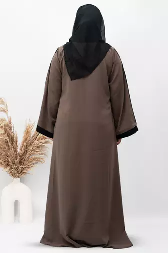 A-line Simple 8 Button Abaya in Dark Brown Color With Hijab