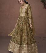 Olive Green Organza Embroidered Anarkali Salwar Kameez