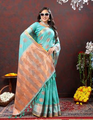 Skyblue Designer Soft Cotton Silk Weaving Saree With Blouse For Women 1