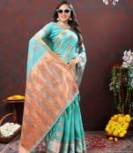 Skyblue Designer Soft Cotton Silk Weaving Saree With Blouse For Women