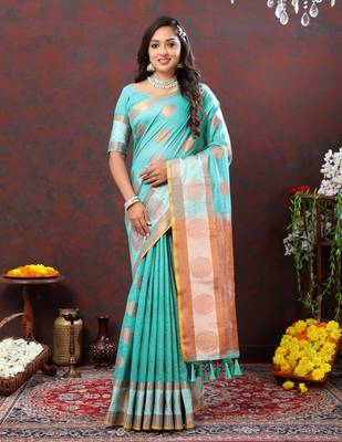 Skyblue Designer Soft Cotton Silk Weaving Saree With Blouse For Women 2