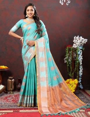 Skyblue Designer Soft Cotton Silk Weaving Saree With Blouse For Women 3