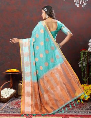 Skyblue Designer Soft Cotton Silk Weaving Saree With Blouse For Women 5