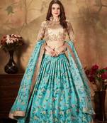Beautiful Sky Blue Sabyasachi Floral Digital Printed Organza Party Wear Lehenga Choli