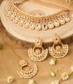 Traditional Stone-Studded Choker Set - Gold Plated Necklace, Earrings, and Maang Tikka Ensemble for Weddings