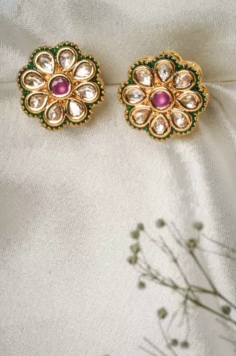 Traditional Flower Kundan Stud Earrings for Festive Celebrations