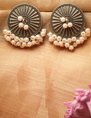 Oxidised Round Stud Earrings with White Pearl Drop 2