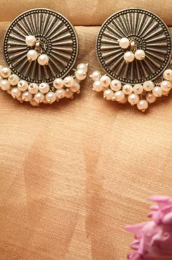 Oxidised Round Stud Earrings with White Pearl Drop