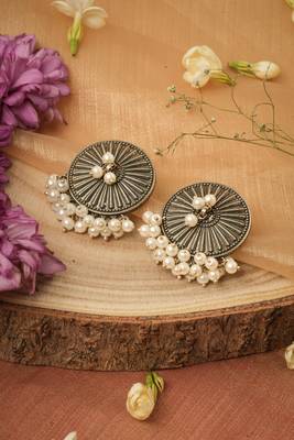 Oxidised Round Stud Earrings with White Pearl Drop 1