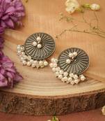 Oxidised Round Stud Earrings with White Pearl Drop