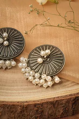 Oxidised Round Stud Earrings with White Pearl Drop