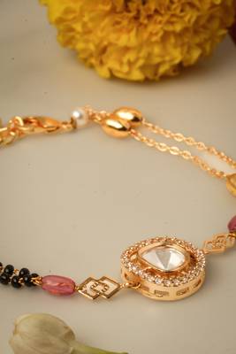 Kundan Stone Mangalsutra Bracelet with Half Black and Half Pearl Beads 4