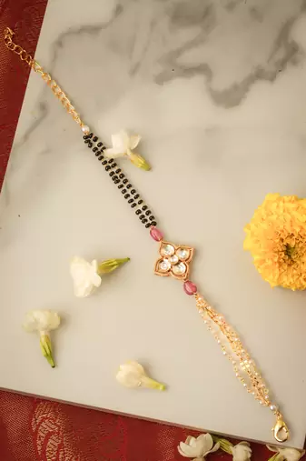 Traditional Kundan Floral Mangalsutra Bracelet with Black and Pearl Beads