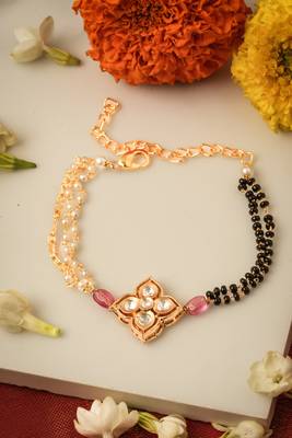 Traditional Kundan Floral Mangalsutra Bracelet with Black and Pearl Beads 1