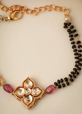 Traditional Kundan Floral Mangalsutra Bracelet with Black and Pearl Beads 4
