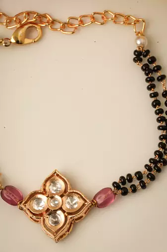 Traditional Kundan Floral Mangalsutra Bracelet with Black and Pearl Beads